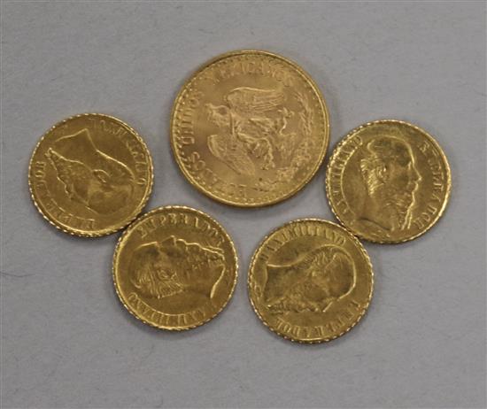 Five Mexican gold coins, 3.7g gross